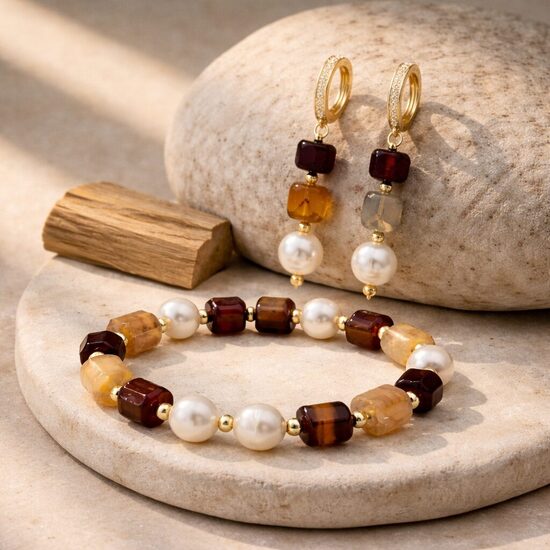 Pērļu un zelta toņu rotu komplekts "Zelta Mirdzums"